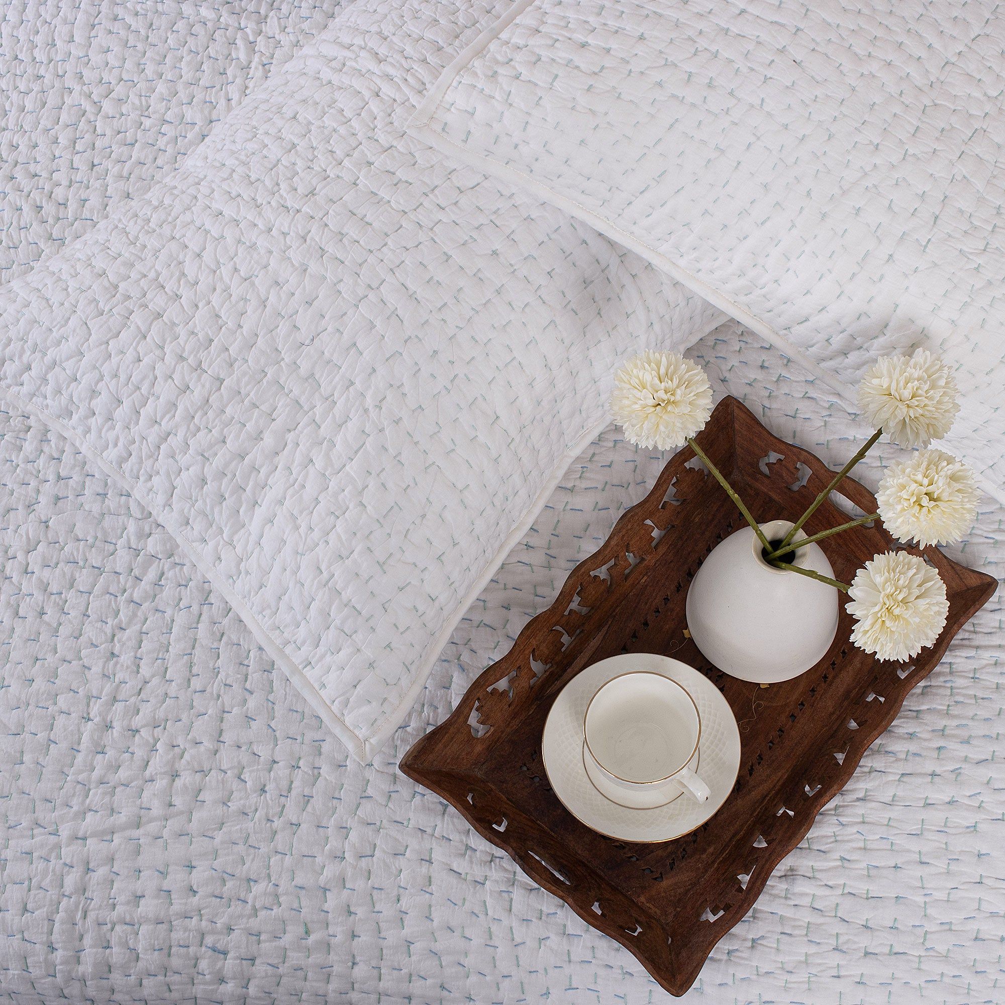 White Solid Cotton Kantha Quilt Double Bed & Single